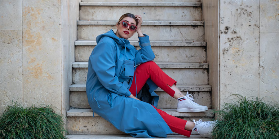 A streetwear-inspired blue and red outfit