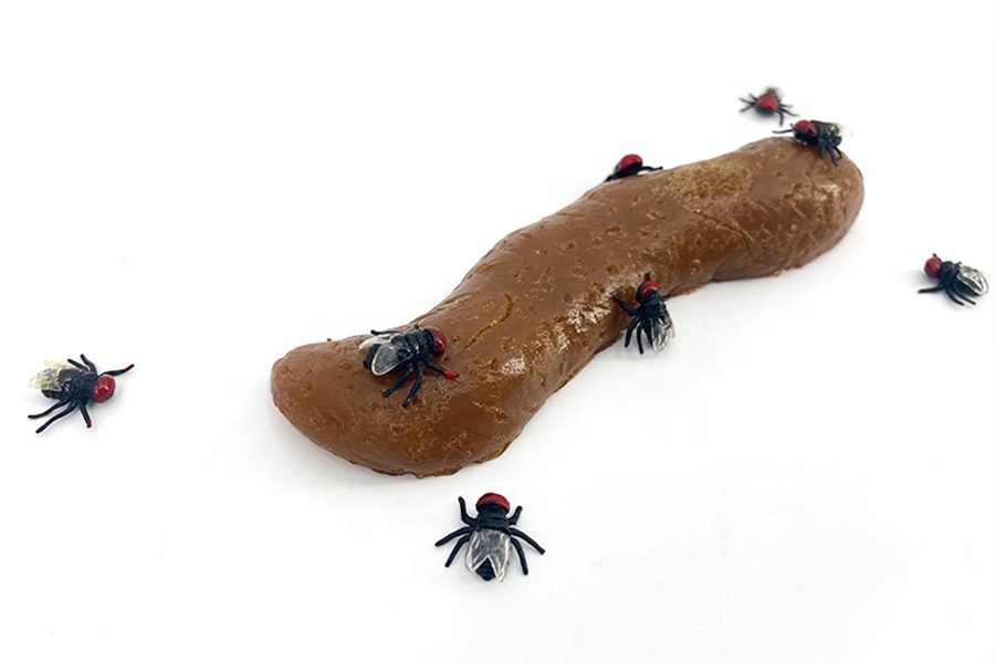 Fake insects surrounding a fake plastic brown poop