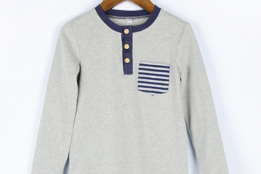 Long-sleeve gray henley shirt with a pocket on the upper-left side